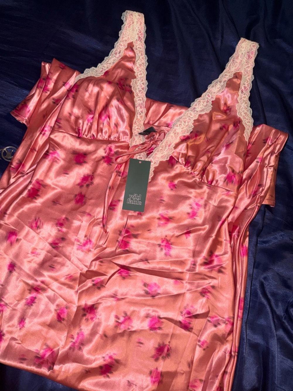 wild fable Coral Pink Satin Chemise with Lace Straps